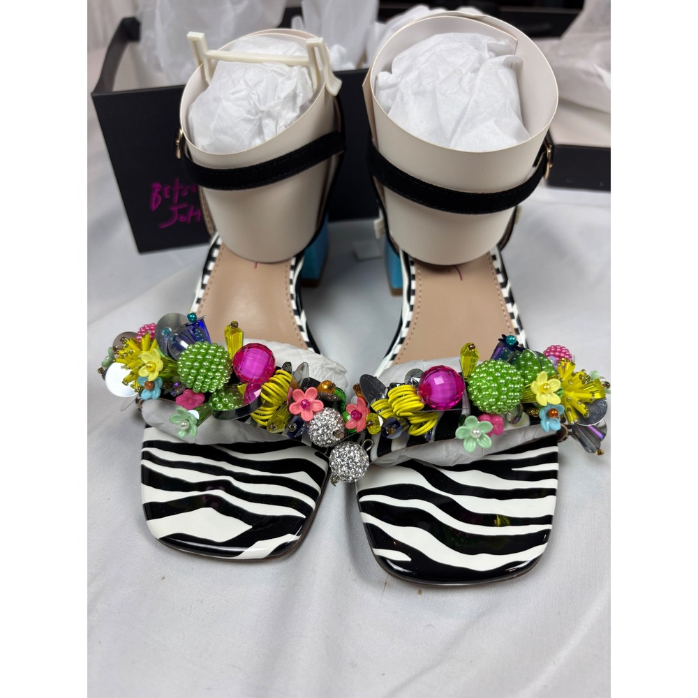 Betsey Johnson Jayleene Zebra Print Floral Embellished Glitter Block Heel Sandal